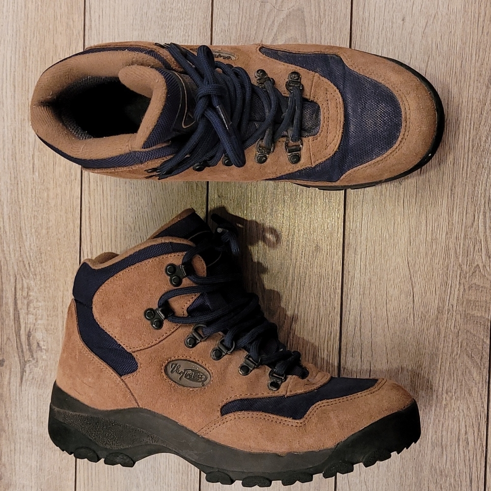 VASQUE Mid Tan Brown Navy Leather Lace Up Sz 9 Mens Hiking Boots VTG